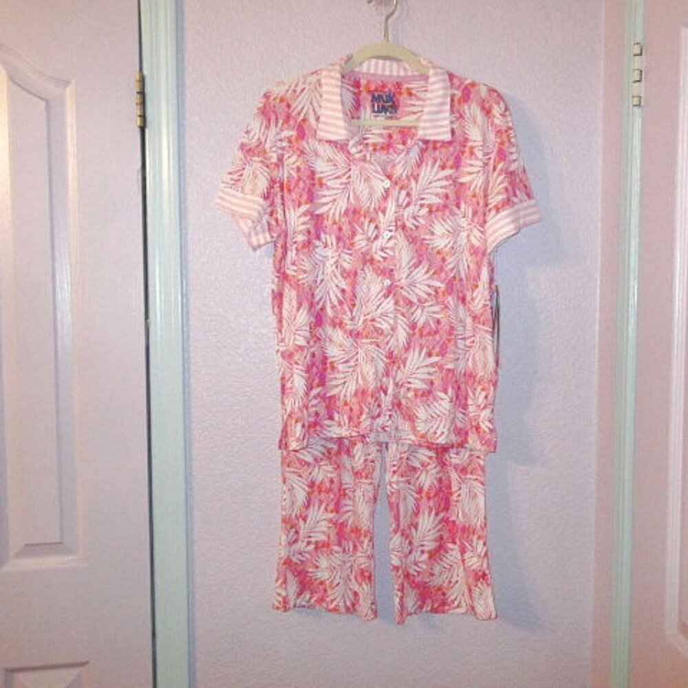 Muk Luks Cloud Knit Pajama Set Womens S Pink Palm Floral 2 Piece Top & Pants NWT